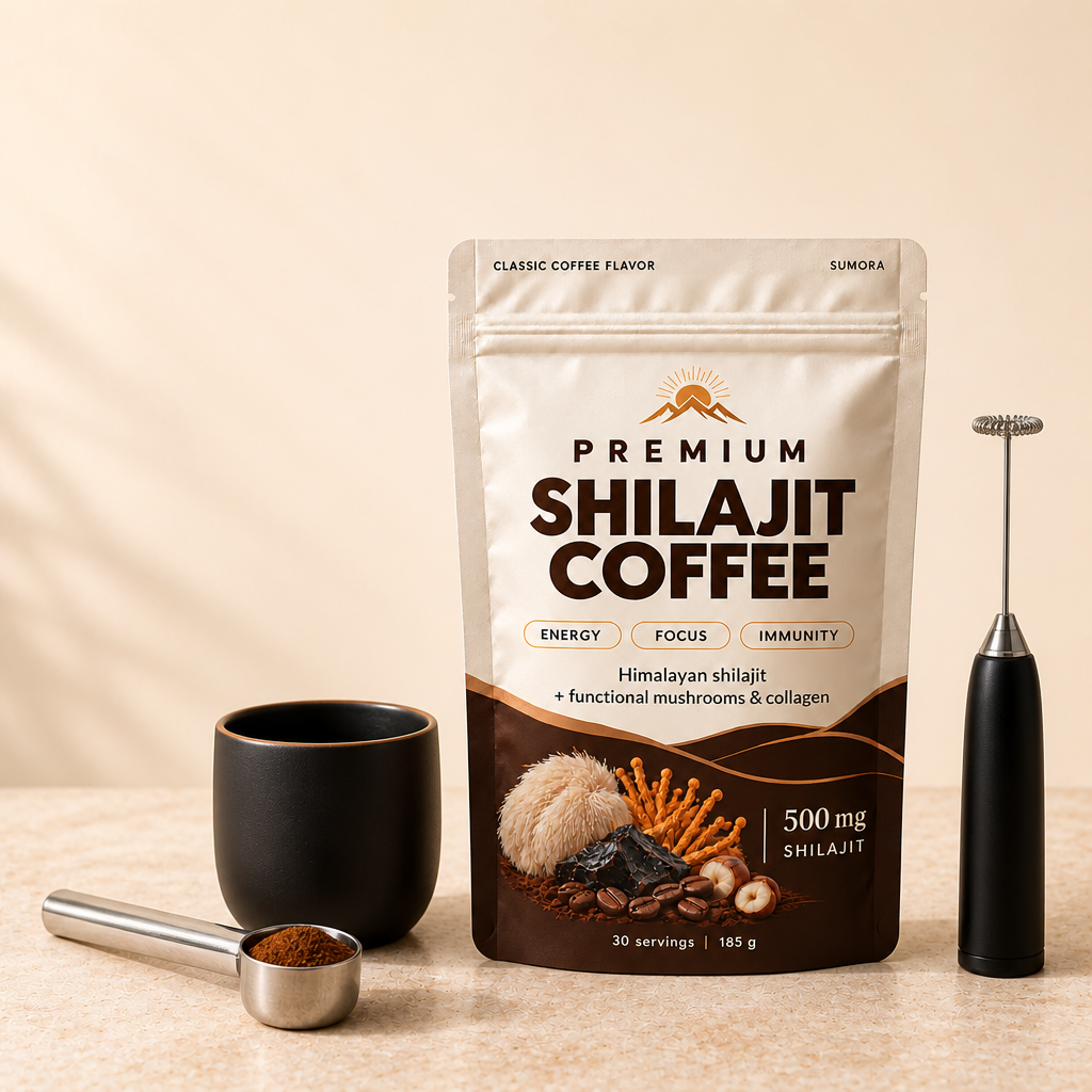 PREMIUM SHILAJIT COFFEE s elektrickým šľahačom, kovovým hrnčekom a odmerkou